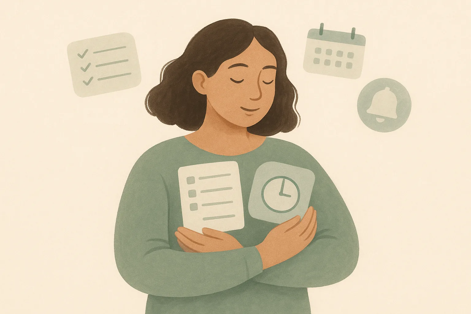 A warm editorial illustration of a woman calmly holding a full mental load, with soft floating icons of lists, calendars, and reminders around her, on a soft cream background