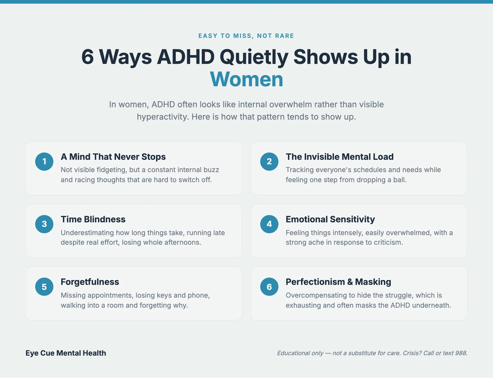 Infographic showing five easy-to-miss ways ADHD shows up in women as labeled cards with icons: internal restlessness, the invisible mental load, time blindness, emotional sensitivity, and masking, on a warm cream background