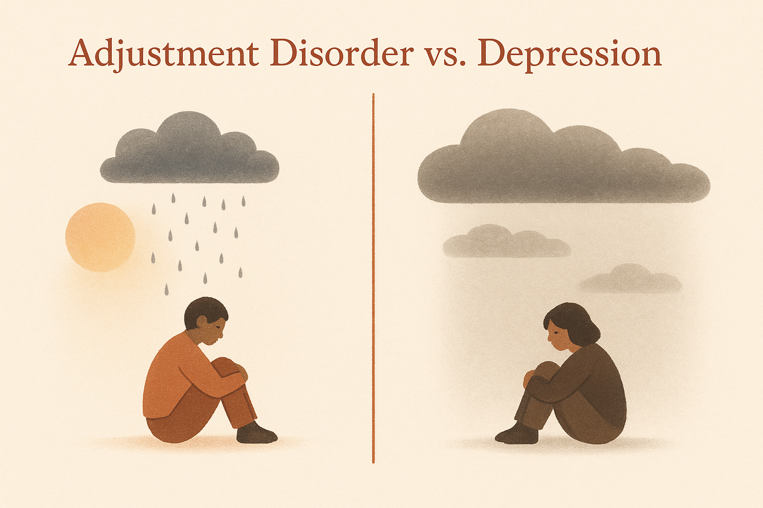 An illustration contrasting a brief storm with sunlight breaking through and a long, lingering overcast sky