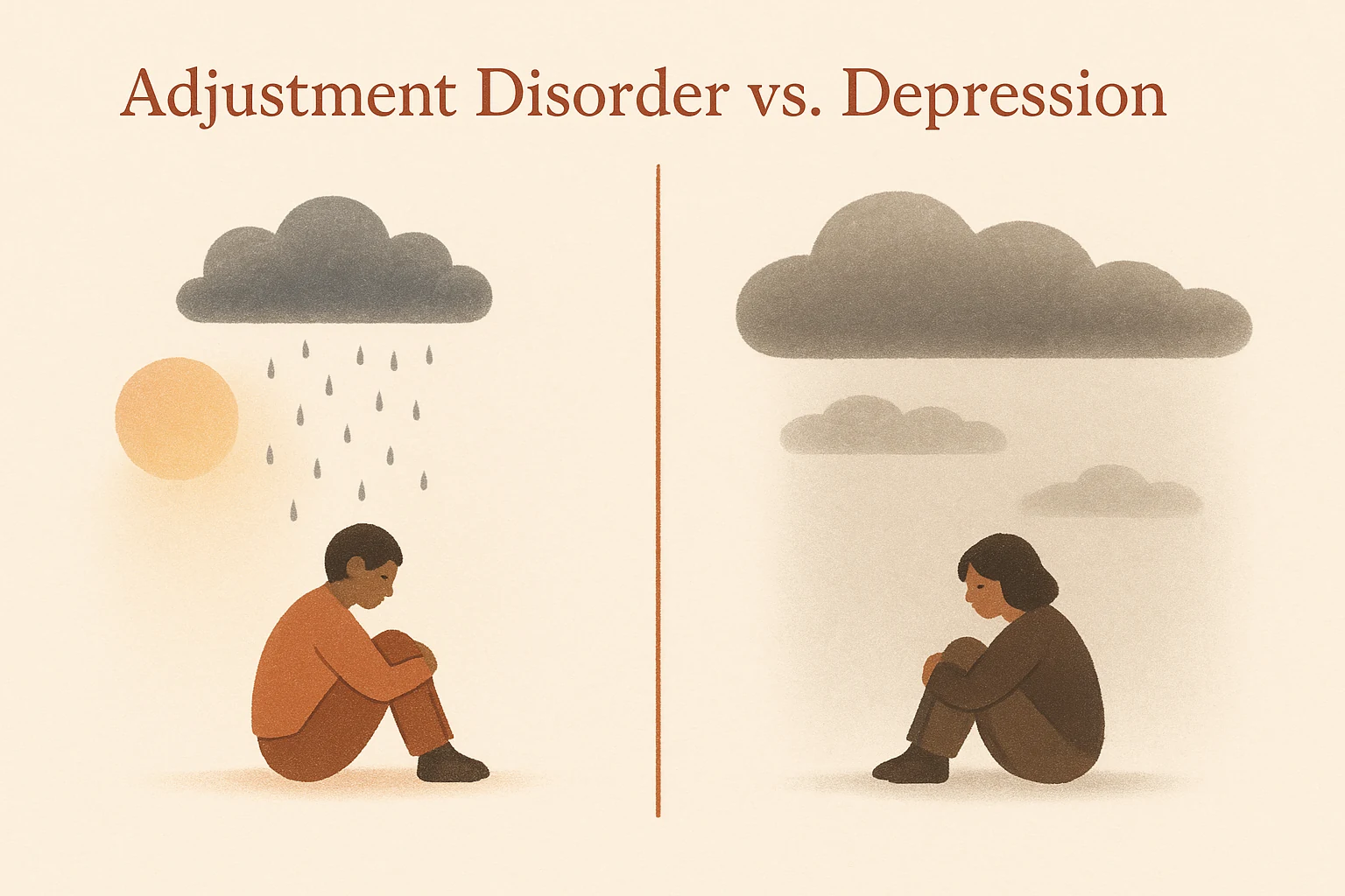 An illustration contrasting a brief storm with sunlight breaking through and a long, lingering overcast sky