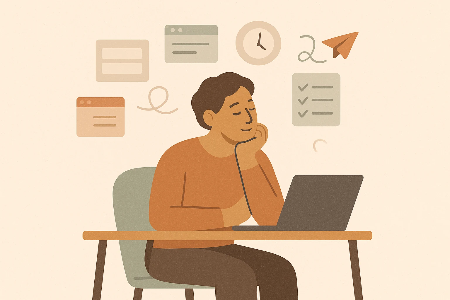 A warm editorial illustration of an adult at a desk surrounded by soft, floating reminders and open tabs, conveying a busy mind rather than clinical stress