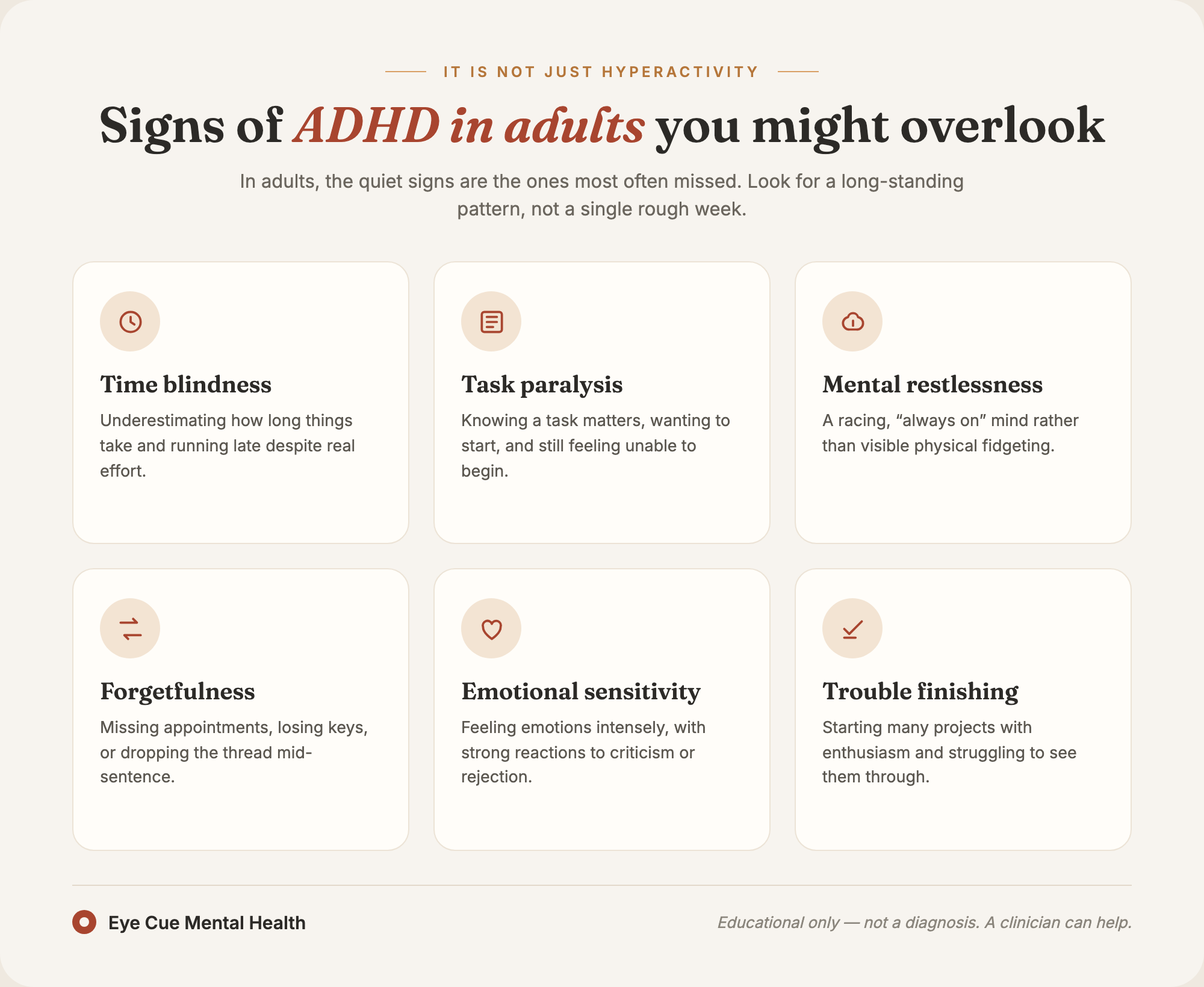 Infographic showing six easy-to-miss signs of adult ADHD as labeled cards with icons: time blindness, task paralysis, mental restlessness, forgetfulness, emotional sensitivity, and trouble finishing, on a warm cream background
