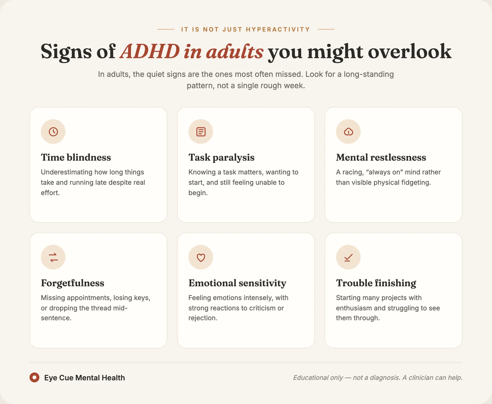 Infographic showing six easy-to-miss signs of adult ADHD as labeled cards with icons: time blindness, task paralysis, mental restlessness, forgetfulness, emotional sensitivity, and trouble finishing, on a warm cream background