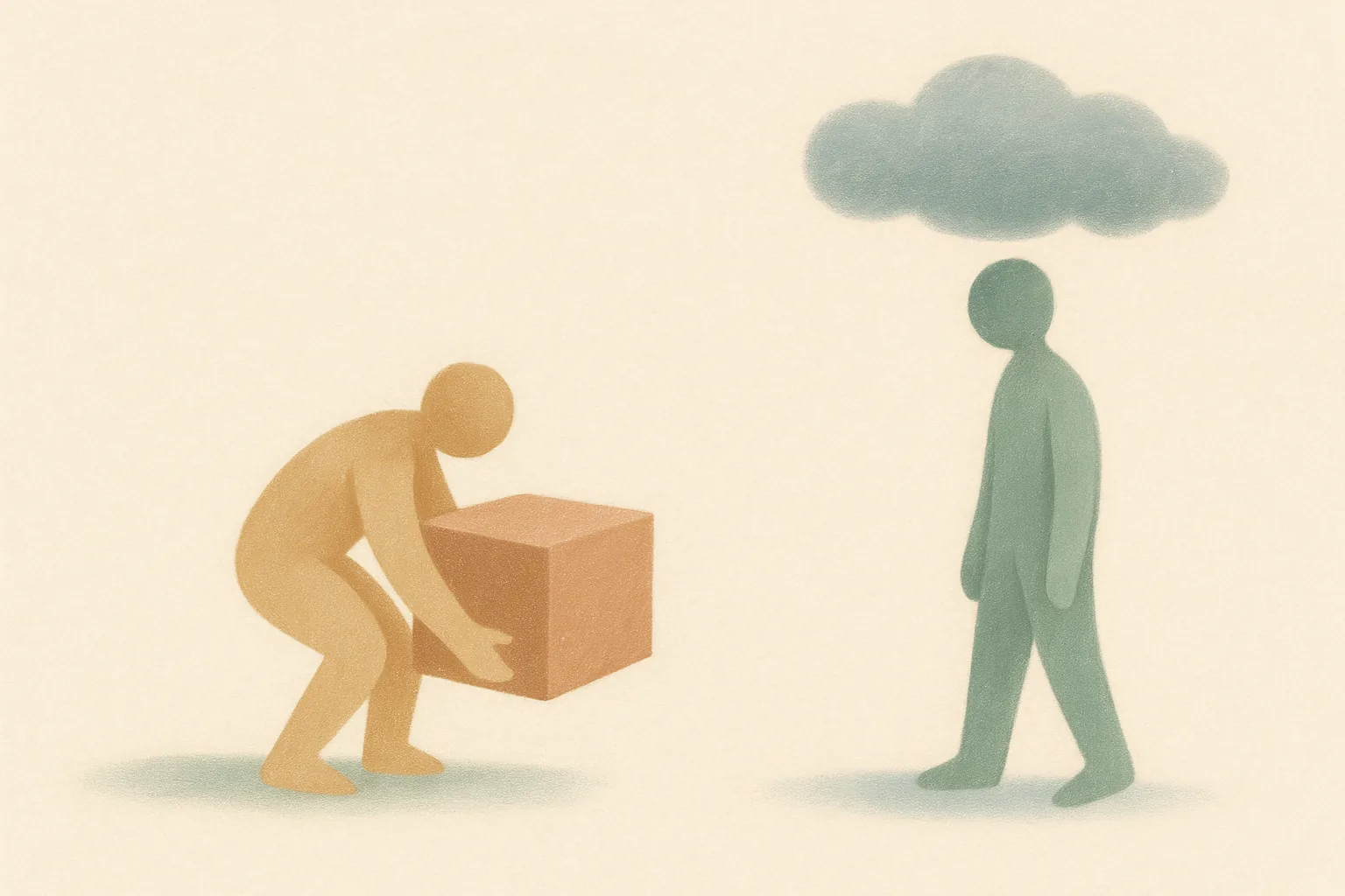 A warm editorial illustration comparing stress and anxiety as two figures: one carrying a heavy box that they set down, and one still carrying a lighter but constant cloud overhead, on a soft cream background