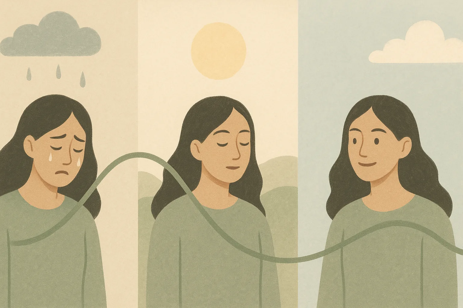 A warm editorial illustration of a woman's mood shifting across a day, shown as a gentle rising and falling line over calm cream-toned scenes