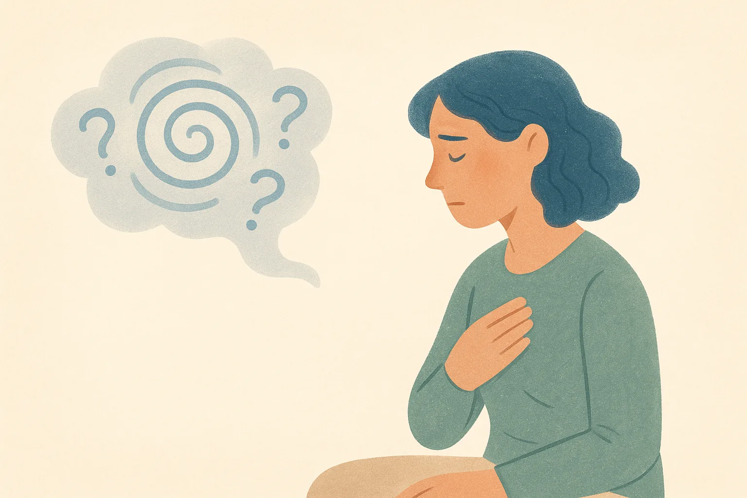 A warm editorial illustration of a person noticing a small body sensation while a swirl of worried what-if thoughts hovers nearby, on a soft cream background