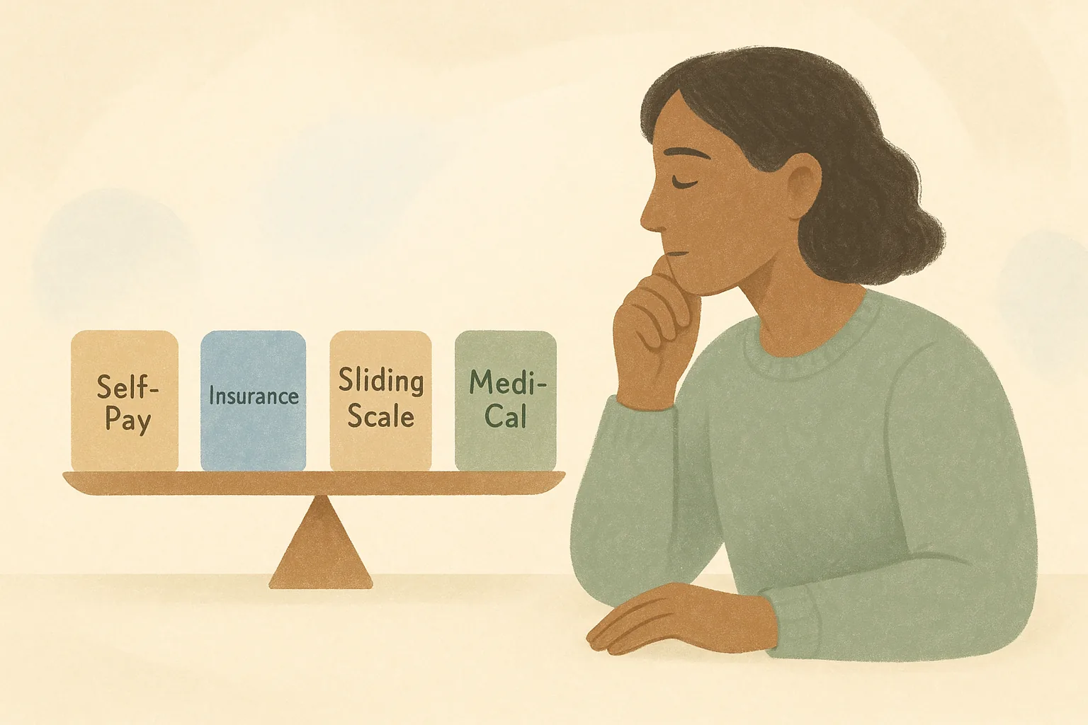 A warm editorial illustration of a person weighing four therapy payment paths, self-pay, insurance, sliding scale, and Medi-Cal, shown as balanced cards on a soft cream background