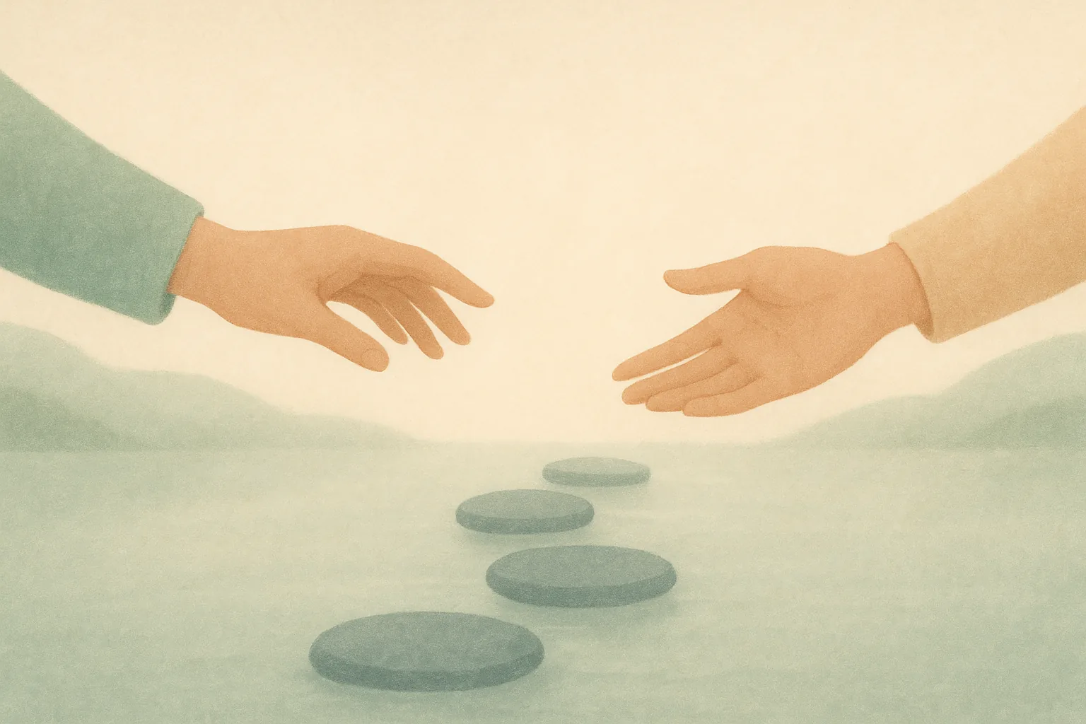 A warm illustration of two hands slowly reaching toward each other across a soft gap, small stepping stones bridging the space between them