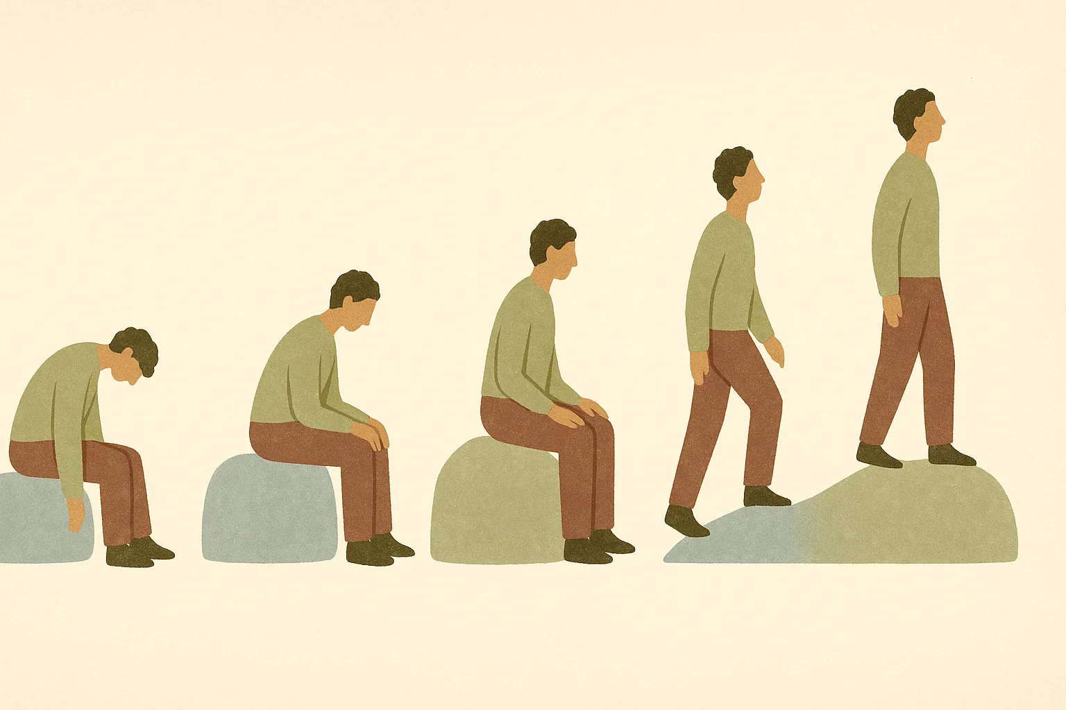 A warm editorial illustration of a person moving from a slumped, depleted posture toward an upright, rested one across five soft stages on a cream background