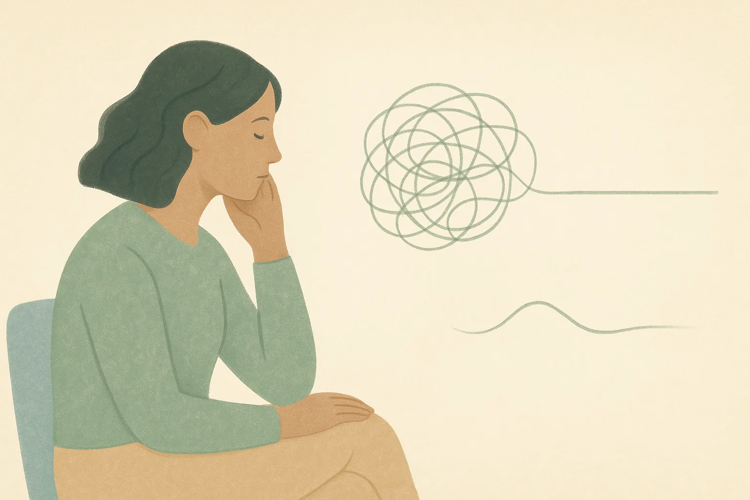 A warm editorial illustration of a person watching a tangle of looping thoughts slowly untangle into a single clear line, on a soft cream background