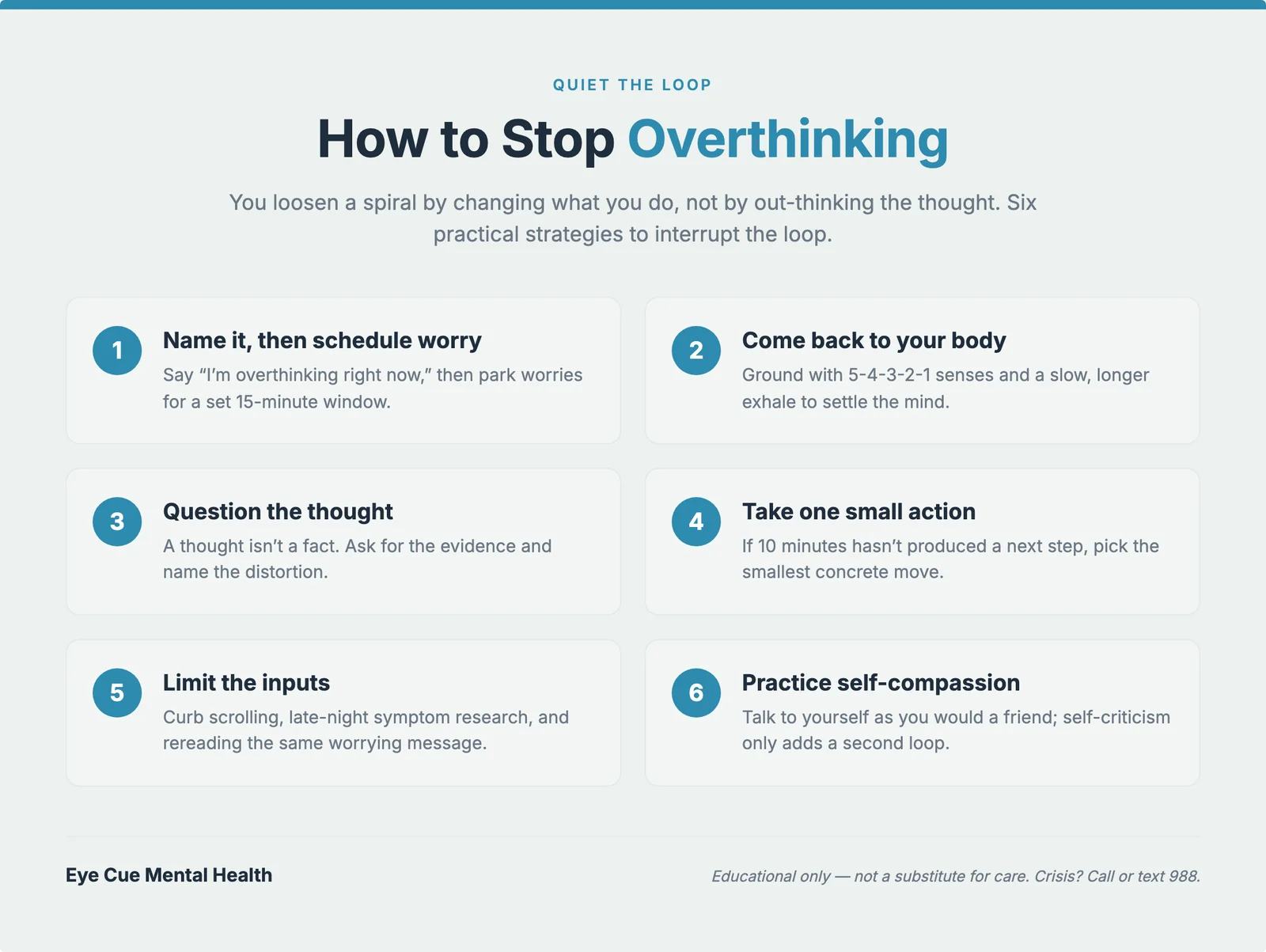 Infographic showing six strategies to stop overthinking as six labeled cards with simple icons: name and schedule worry, grounding, question the thought, take one small action, limit inputs, and self-compassion, on a warm cream background