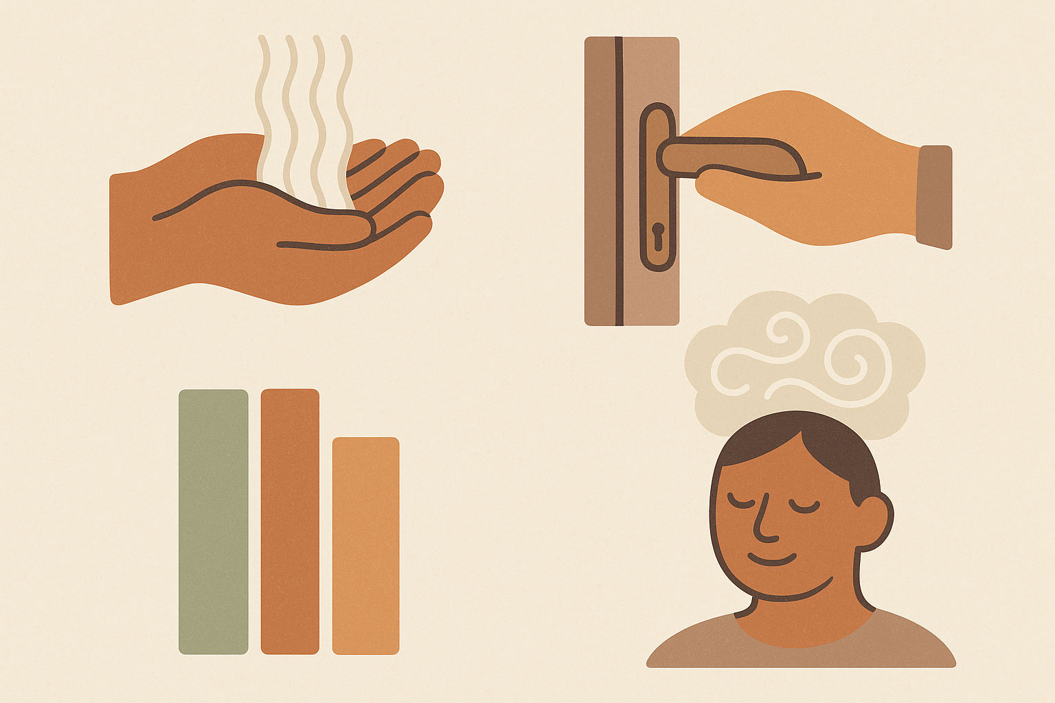 A warm editorial illustration of four small vignettes representing OCD themes, arranged in a calm grid on a soft cream background
